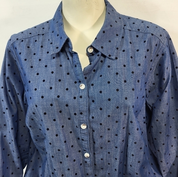 Croft & Burrow Blue and Black Polka Dot Long Sleeve Button Up Blouse - Picture 4 of 9